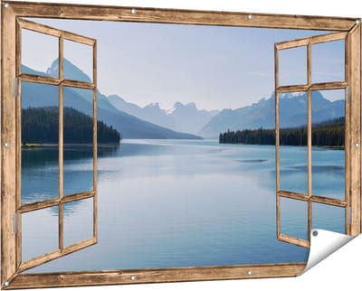 Gards Tuinposter Doorkijk Meer bij de Bergen in Alberta, Canada - 150x100 cm - Tuindoek - Tuindecoratie - Wanddecoratie buiten - Tuinschilderij