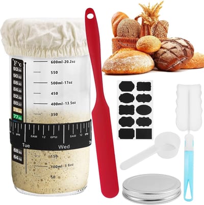 Famanu – Sourdough Starter Kit, 730ML Glazen Sourdough Starter Pot voor Sourdough Brood Bakken, Glazen Pot voor Sourdough met Thermometer, Spatel, Datum Gemarkeerde Voedselband, voor Thuisbakken