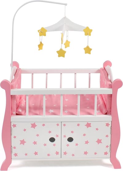 Poppenbed met mobiel - Poppenmeubel speelgoed - Poppen verzorgen - Opbergruimte deuren - 57 x 31 x 78 cm