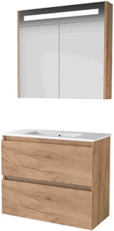 Basic-Line Premium 39 Badkamermeubelset - Ondiep - 80 x 39 cm - Greeploos - 2 Lades - Keramische Wastafel - 1 Kraangat - Spiegelkast met LED Verlichting - Whisky Oak