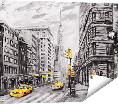 Gards Tuinposter Geschilderde New York Tekening - Zwart Wit - 80x60 cm - Tuindoek - Tuindecoratie - Wanddecoratie buiten - Tuinschilderij