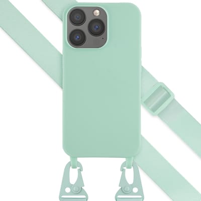 Selencia Hoesje - Geschikt voor Apple iPhone 13 Pro - Siliconen hoesje met afneembaar koord - Turquoise