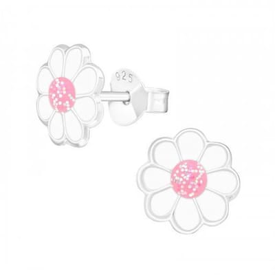 WeLoveSilver - zilveren kinderoorbellen - madeliefje - roze hart