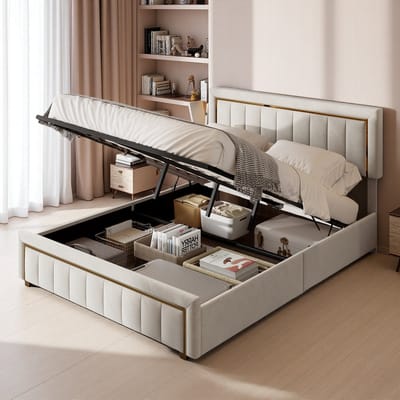 Opbergbed 160x200 cm – Hydraulisch Tweepersoonsbed met Lattenbodem, Ruime Opbergruimte, Fluweel Beige