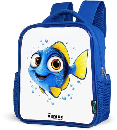 NoBoringSuitcases.com® - Rugzak blauw - Schooltas jongens - Blauwe vis met gele vinnen en vrolijke blik - Kinder rugtas jongen - Boekentas kind - Kinderrugzak voor school - Schoolrugzak