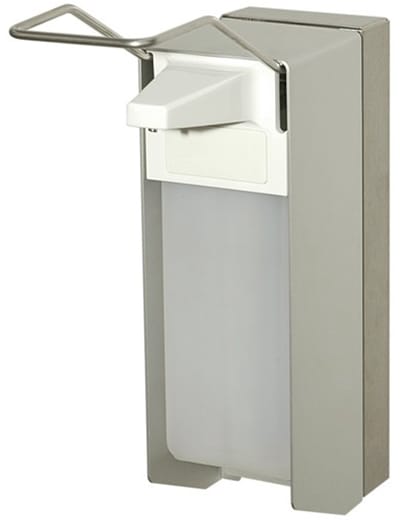 ingo-man® TLS 26 A/25, dispenser voor vloeibare zepen en desinfectiemiddelen, voor 1.000 ml standaard Euroflessen, lange bedieningshendel, geanodiseerd aluminium, mat zilver, verwisselbare 25 ml roestvrijstalen pomp met rechte aanzuigslang