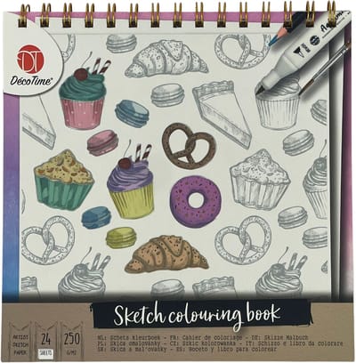 DécoTime - schets kleurboek - gebakjes - 24 pagina's 250 GSM schetspapier - schetsboek voor volwassenen - Kleurboek voor volwassenen - Schetsen - Tekenen - Stiften - kleurpotloden