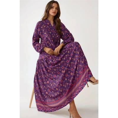 Geprinte V-hals Maxi-jurk met Knopen