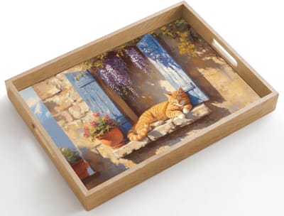 Dienblad hout 50x35 cm - Schootdienblad - Kat - Stenen vensterbank - Bloemen - Borrelplank rechthoek - Plateau dienbladen