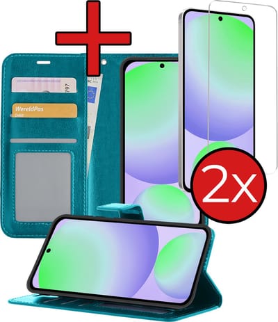 Hoesje - Met 2x Screenprotector - Geschikt voor Samsung Galaxy S24 FE - Luxe Pasjeshouder - Flip Case - Bookcase Portemonee - Kunstleer Book Case - Flipcase Hoes - Book Cover - Walletcase - Portemonneehoes - Telefoonhoes - Turquoise