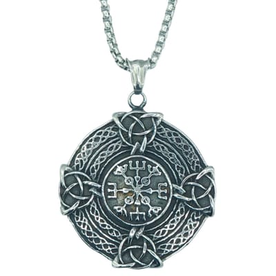 Tesoro Mio Michel - Viking Ketting Met Vikingschild Hanger met Vegvisir & Triquetras – Edelstaal - L 60 cm, B 3 mm - Hanger 4.9 x 4.9 cm
