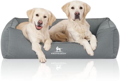 Knuffelwuff orthopedisch waterafstotend hondenbed Leon van velours met handgeweven karakter XL 105 x 75cm petroleumkleurig