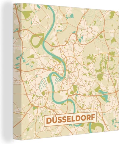 Canvas Schilderij Plattegrond - Kaart - Düsseldorf - Vintage - Stadskaart - 20x20 cm - Wanddecoratie