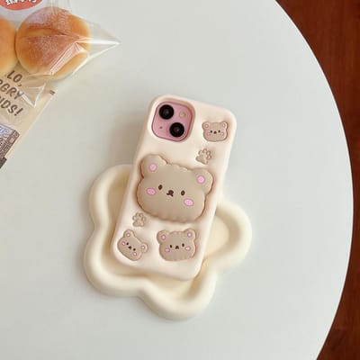 Kawaii Bear Cover With Stand Holder Soft Silicone Case for iPhone 16 15 14 Plus 13 12 11 Pro Max For iPhone 12&Case & Holder beige