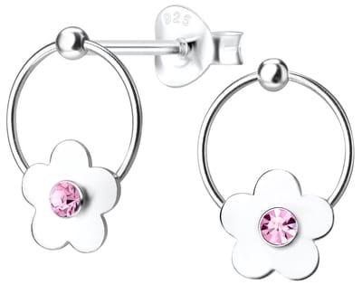 Joy|S - Zilveren bloem oorbellen - cirkel - kristal roze