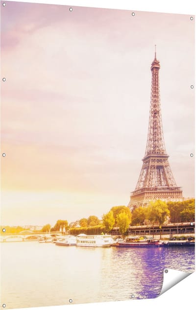 Gards Tuinposter Eiffeltoren in Parijs aan het Water - 120x160 cm - Tuindoek - Tuindecoratie - Wanddecoratie buiten - Tuinschilderij