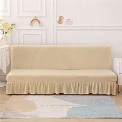 Housse de canapé-lit pliable élastique de couleur unie avec jupe sans accoudoirs Housse de canapé Housse de siège Meuble Canapé pour salon S beige