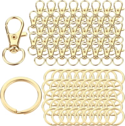 Sleutelhanger - Carabinerhaak met Sleutelring - Set van 100 stuks - 50 stuks Metalen Karabijnhaken + 50 stuks Sleutelringen - Met Zwivel - 360° Draaibaar - Voor Sleutelhangers en DIY - Goud