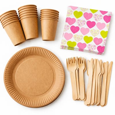 Wegwerp servies set voor 20 personen – 20 kartonnen borden 23 cm, 20 bekers 240 ml, 20 houten vorken, 20 houten messen en 20 servetten 33x33 cm "Sweetheart" Feest/verjaardag/BBQ/Picknick bordjes - set bio/eco/ - Duurzaam - Milieuvriendelijk