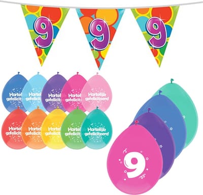 Haza Leeftijd verjaardag thema pakket 9 jaar - ballonnen/vlaggetjes