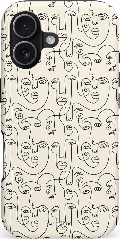 Casetastic hoesje geschikt voor Apple iPhone 17 - MagSafe - Dubbellaagse bescherming - Art Deco Creme Abstractie Lijntekening Gezichten - Fashion Case - Zilver Crème Wit