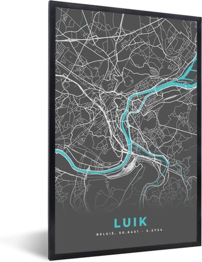 Fotolijst incl. Poster - Stadskaart – Grijs - Kaart – Luik – België – Plattegrond - 40x60 cm - Posterlijst