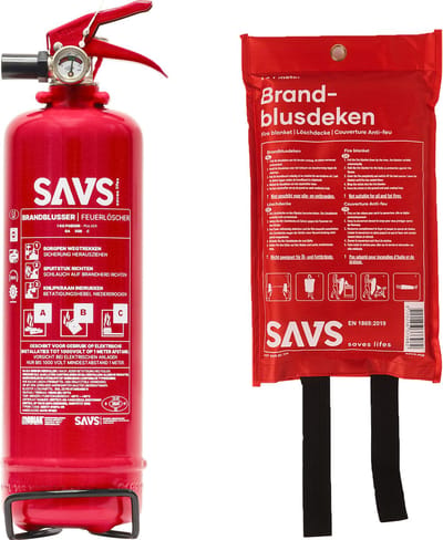 SAVS Brandblus box - Poeder klein - Brandblusser poeder 1 kg & Blusdeken 100 x 100cm - Blusrating 8A 55B C - Met montagebeugel & ophangoog - Ook voor auto, boot, caravan of camper - Poederblusser & Branddeken voor o.a. thuis & keuken
