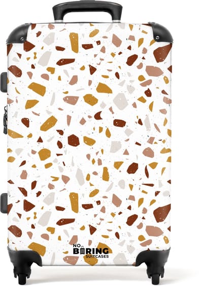 NoBoringSuitcases.com - Grote koffer - Terrazzo patroon veelkleurig oker en roest - Kinderkoffer geschikt voor jongen en meisjes - Reiskoffer met 4 wielen - Trolley op wieltjes - Rolkoffer groot kinderen - 72 liter - Ruimbagage valies 20kg