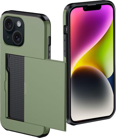 Hoes Geschikt voor iPhone 14 Hoesje Pasjeshouder Hard Cover Shock Proof Hard Case Hoes Met Kaarthouder - Donkergroen