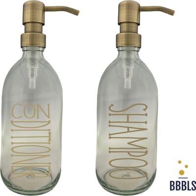 BBBLS® Design Dispenser Giftset "Shampoo Conditioner" | Transparant Glas | 500ml | RVS / Metaal Pomp Goud | Zeeppomp | Zeepdispenser | Zeephouder