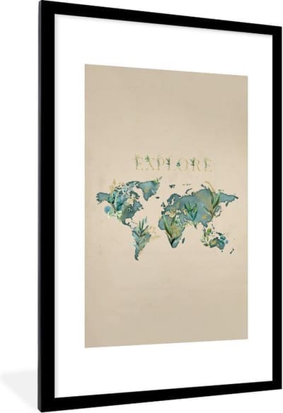 Poster in lijst - Fotolijst 80x120 cm - Posters - Wereldkaart - Turquoise - Planten - Posterlijst zwart - Decoratie - Wanddecoratie woonkamer - Muurdecoratie slaapkamer