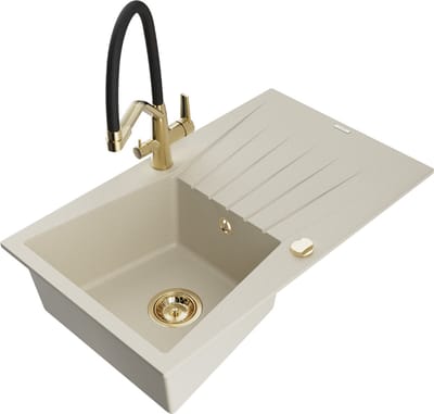 Mexen Cesar granieten gootsteen 1-komors met afdruiprek en keukenkraan Duo, beige - 6514-69-671701-57-G