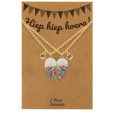 BFF Ketting voor 2 'Hiep Hiep Hoera' - Magnetisch Glitter Hartje - Vriendschapsketting op Cadeau Kaartje - 45cm + 5cm verstelbaar - Goudkleurig - Verjaardags Hanger - Pax Amare