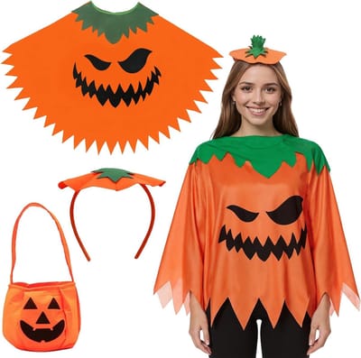 Halloween Pompoen Kostuum voor Volwassenen met Oranje Cape, Pompoen Hoed en Snoepzak voor Carnaval en Feestjes