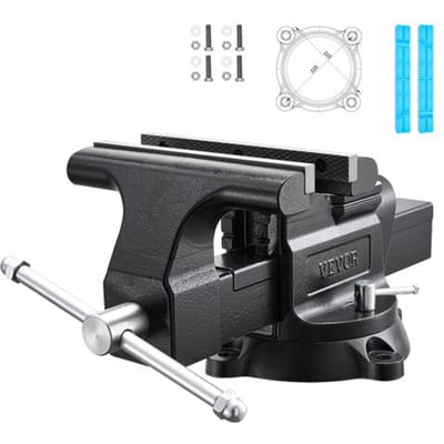 VEVOR draaibare bankschroef met een bekbreedte van 254 mm, gemaakt van nodulair gietijzer. Deze multifunctionele bankschroef is voorzien van een aambeeld en een 360° draaibare voet met vergrendelingsmechanisme. De klemdiepte bedraagt ​​109 mm en de bekopening is 254 mm.
