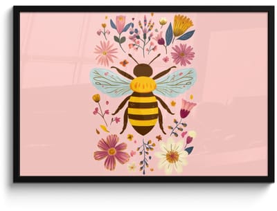 Poster in lijst - Fotolijst 90x60 cm - Posters - Bij - Geel - Bloemen - Kleurrijk - Posterlijst zwart - Decoratie - Wanddecoratie woonkamer - Muurdecoratie slaapkamer