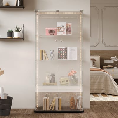 Glazen Vitrinekast 2 Deuren – 4 Planken – LED Strip – Afsluitbaar – Zwart