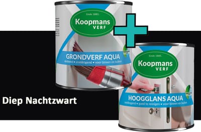 Koopmans Grondverf Aqua en Hoogglans Aqua Verfset - Binnen en Buiten - Diep Nachtzwart - 2x 1,5 l