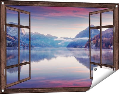 Gards Tuinposter Doorkijk Meer in de Bergen - 90x60 cm - Tuindoek - Tuindecoratie - Wanddecoratie buiten - Tuinschilderij