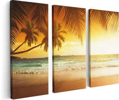 Artaza Canvas Schilderij Drieluik Tropisch Strand Tijdens Zonsondergang - 120x80 cm - Wanddecoratie Woonkamer - Schilderijen - Muurdecoratie