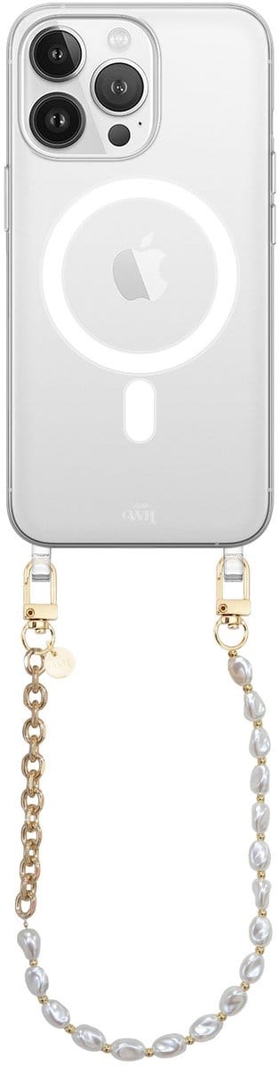 xoxo Wildhearts magnetisch hoesje geschikt voor iPhone 16 Pro Max MagSafe - Over The Moon - Transparant telefoonhoesje met koord - Telefoonkoord - Parelketting met gouden schakels - Kort koord