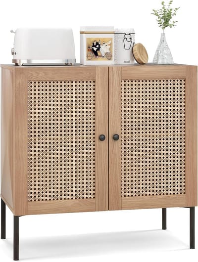 Dressoir met Rotan Deuren - Buffetkast Keuken - Opbergen Keuken - Verstelbare Legplanken - 80 x 40 x 80 cm
