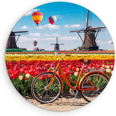 Saammp Muurcirkel Hout - Fiets - Molens met Tulpenvelden - Natuur - Ø 90 - Wandcirkel - Wanddecoratie Cirkel - Muurdecoratie Woonkamer - Slaapkamer decoratie - Rond Schilderij