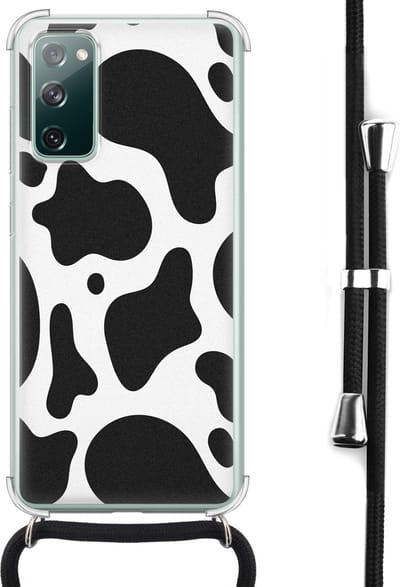 Hoesje met koord - Geschikt voor Samsung Galaxy S20 FE - Koeienprint - Verstelbaar zwart koord - Crossbody - Print / Illustratie - Zwart, Transparant, Wit - Leuke Telefoonhoesjes