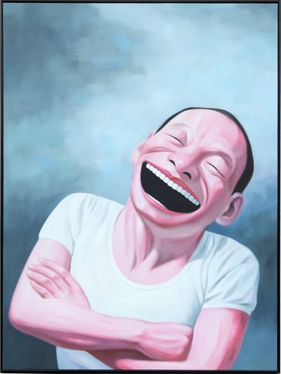 Fine Asianliving Olieverf Schilderij 100% Handgeschilderd 3D met Reliëf Effect en Zwarte Omlijsting 90x120cm Yue Min Jun Reproductie Lachende Man