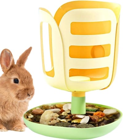 Hooifeeder Konijn - Voerdispenser Dieren - Netjes Voeren - Met Opvangbak - 20 x 27 x 16 cm - Geel