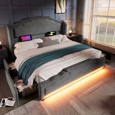 Sweiko Tweepersoonsbed - 180×200cm - met 4 laden - LED-verlichting - USB-C oplaadpoort - Velvet - Grijs