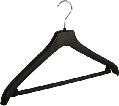 De Kledinghanger Gigant - Mantelhanger - Kostuumhanger - Jassenhanger - Volwassenen - NF44 - 10 Stuks - Kunststof - Zwart - Gebogen Model - Schouderverbreding 2 cm - Broeklat - 44 cm - Kledinghanger - Kleerhanger - NF-Serie (NF44/B_00/10)