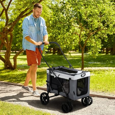 Wishdor Huisdierenbuggy - Inklapbaar Met Afneembare Draagmand - Voor Reizen En Wandelingen - Polyester - Grijs - 81 X 58 X 97,5 Cm