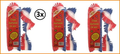 3x Crepe guirlande bedrukt rood/wit/blauw 24m brandveilig - WK Holland Nederland thema feest festival evenement party Koningsdag